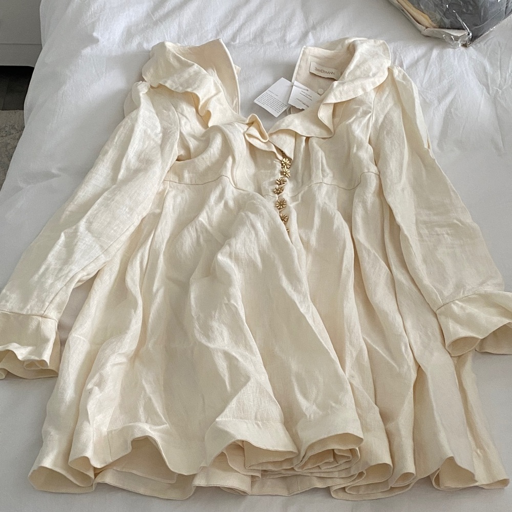 Zimmermann Cream Ruffled Linen Dress
